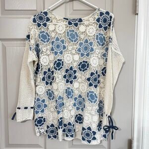 Desigual Womens Small Blue Cream Floral Crochet‎ Lace Mesh Boho Top Tie Cuff